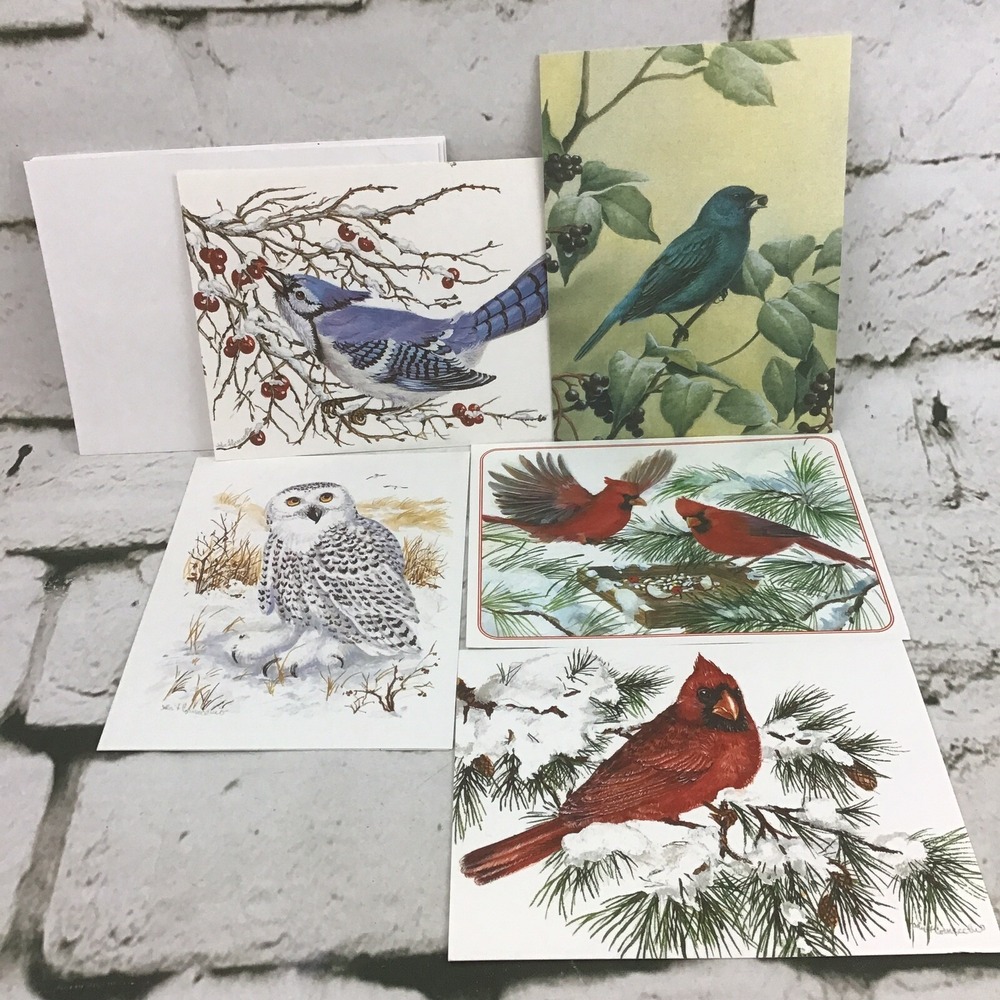 Vintage Bird Themed Blank Inside Notecards Assorted Lot Of 5 Cardinals Snowy Owl